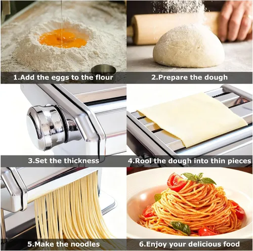 Miniatura 8 de Máquina para hacer pasta con 7 ajustes de grosor ajustable, máquina manual de fideos de acero inoxidable, rodillo y cortadores de pasta con mango