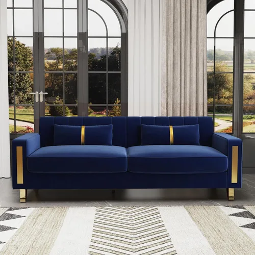 Miniatura 21 de Sofá cama modular de tela de terciopelo de 85.62 pulgadas, 3 asientos, fácil de montar con 2 almohadas de sofá, patas de metal dorado para sala