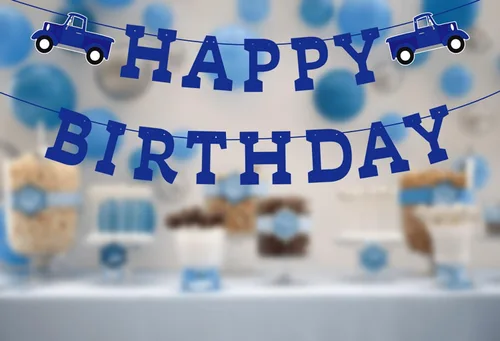 Miniatura 4 de Decoraciones de cumpleaños de camión azul pre-encordado azul feliz cumpleaños banner pequeño camión fiesta suministros favores