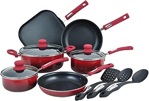 Miniatura 9 de Hamilton Beach Juego de utensilios de cocina cubiertos de aluminio, sartén antiadherente, horno holandés con mango de baquelita suave al tacto, Negro