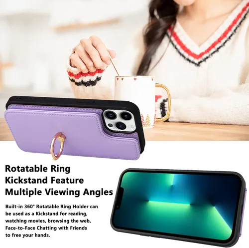 Miniatura 6 de Funda tipo cartera compatible con iPhone 13 Pro con soporte para tarjetas, rotación de 360º, soporte de anillo de dedo con función atril, protección