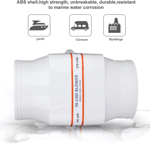 Miniatura 4 de Soplador en línea de 4 pulgadas, 12 V, 270 CFM, ventilador eléctrico en línea de sentina marina, ventilador de ventilación fuerte para yate