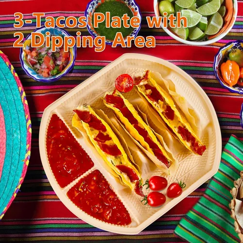 Miniatura 2 de 24 soportes desechables grandes para tacos para fiestas, platos de almidón de maíz, soporte para 3 tacos, 2 áreas de inmersión, bandejas de fiesta