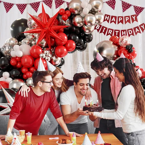 Miniatura 5 de Kit de arco de guirnalda de globos rojo, blanco y negro, decoraciones de fiesta rojas y negras con globos plateados blancos y confeti de látex