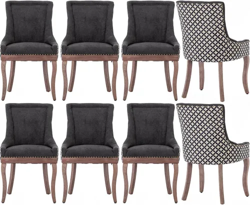 Miniatura 14 de Sillas de Comedor - Juego de 6 sillas de comedor modernas, tapizadas de tela con respaldo alto con ribete de cabeza de clavo y patas curvas