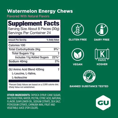 Miniatura 3 de GU Energy Chews, gomitas energéticas de sandía con electrolitos, veganas, sin gluten, kosher, sin cafeína y sin lácteos, energía para cualquier