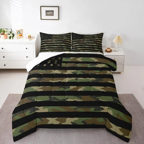 Miniatura 6 de Feelyou Juego de edredón de camuflaje del ejército con bandera estadounidense, decoración militar, camuflaje verde selva, bandera de Estados Unidos