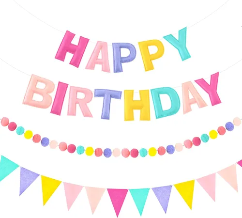 Miniatura 8 de CANREVEL Pancarta de Feliz Cumpleaños 3D Pre-enhebrada, 3 PIEZAS Guirnalda de Fieltro Negro Feliz Cumpleaños, Guirnalda de Pompones, Banderines