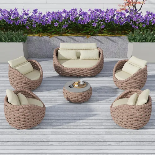 Miniatura 50 de TWT 3-Piece Woven Rope Patio Furniture Set, 2 Outdoor Armchairs with Soft Cushions + Round Aluminum Coffee Table, All-Weather Conversation Set for