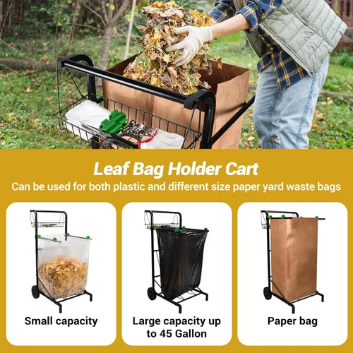 Miniatura 7 de CAROD Carrito de bolsa de basura mejorado con cesta de almacenamiento y mango ergonómico, soporte ajustable para bolsas de hojas para exteriores