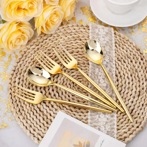 Miniatura 4 de SUT Juego de 200 piezas de tenedores y cucharas de plástico dorado resistente, cubiertos desechables dorados, cubiertos de oro, utensilios