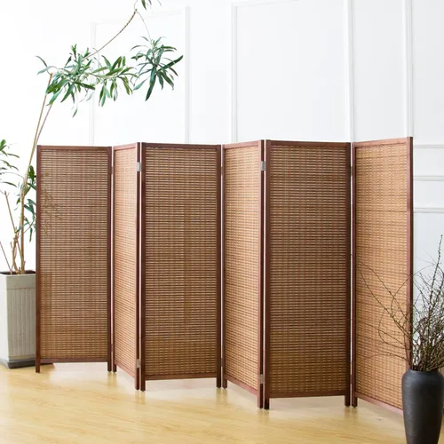 Miniatura 7 de Furnnylane Pantalla divisora corta de habitación de 3 paneles, partición independiente beige, pequeño divisor de panel de bambú para separación