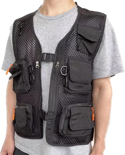 Miniatura 2 de Chaleco de malla transpirable con múltiples bolsillos para hombre, viajeros al aire libre, pesca con mosca, fotografía Negro