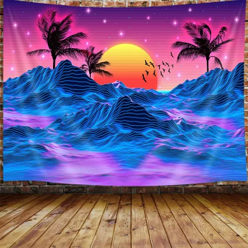JAWO Tapiz pequeño retro neón Trippy para hombres, fresco sol de montaña de los años 70 y 80, decoración de habitación estética, tapiz colgante de