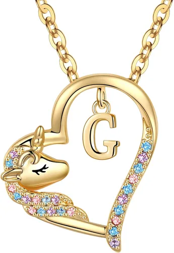 Miniatura 59 de Anoup Collar con inicial de unicornio, chapado en oro de 14 quilates, hipoalergénico con circonita cúbica, colgante de diamante simulado, joyería