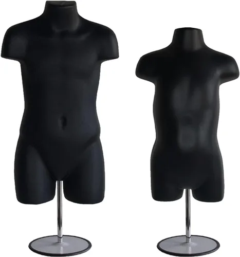 Juego de maniquí negro con espalda hueca para niños y niños pequeños con soporte de metal, poste de metal y ganchos para colgar para encimera y
