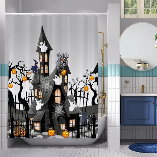 Miniatura 6 de ARESD Cortina de ducha de Halloween para baño, cortina de baño de tela de araña de casa de terror y calabaza, cortinas de ducha de poliéster