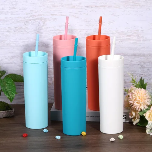 Miniatura 4 de uxcell Vaso delgado con tapas y pajitas, vaso delgado de 16 onzas color negro mate a granel, vaso acrílico pastel reutilizable, vaso de plástico