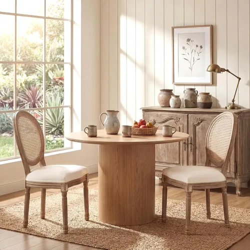 Miniatura 2 de Polar Aurora Juego de 2 sillas de comedor con respaldo cuadrado de tela beige con patas de madera maciza y marco para cocina francesa de campo