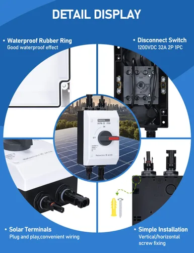 Miniatura 3 de DIHOOL Interruptor de desconexión solar de 32 amperios DC1200V aislador con carcasa impermeable IP66 para paneles solares, baterías, vehículos
