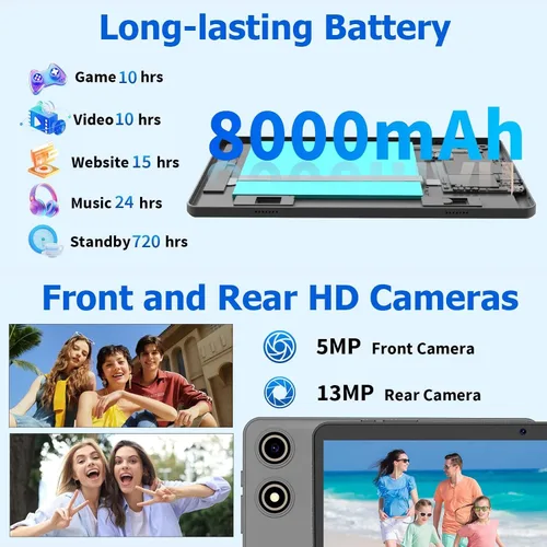 Miniatura 5 de Tablet Android 15 con teclado, 26 GB de RAM+256 GB de ROM (expansión de 2 TB), tableta de 10 pulgadas con batería de 8000 mAh, WiFi 2.4G/5G, cámara