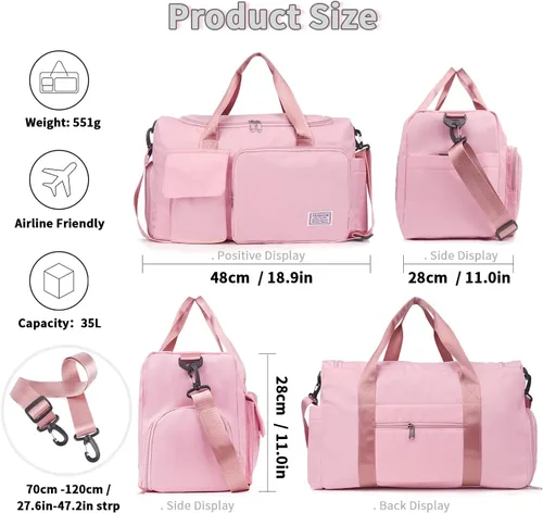 Miniatura 3 de FIORETTO - Bolsa de deporte para mujer con compartimento para zapatos, capacidad de 37 litros, ideal para viajes, gimnasio, deportes, fines de semana