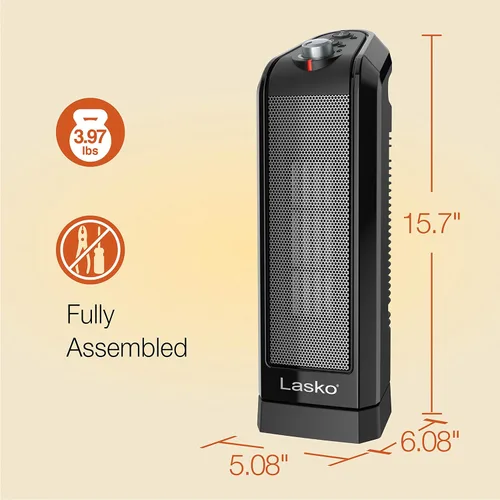 Miniatura 4 de Lasko Calentador de espacio de cerámica oscilante, 15.7 pulgadas, negro, 1500 W, CT16450 y calentador eléctrico de cerámica, 9.2 pulgadas, gris