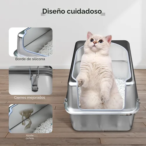 Miniatura 4 de Caja de arena de acero inoxidable con tapa de metal y pala - Caja de arena de metal cerrada para gatos grandes, resistente al óxido, control