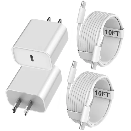 Cargador para iPhone 16 y 15 de carga rápida, paquete de 2 cables USBC a C de 10 pies extra largo con 20 W Apple iPad USB C cargador rápido USB C