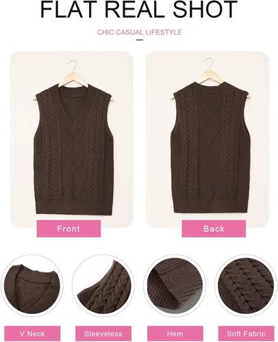 Miniatura 5 de EVALESS Chaleco de gran tamaño para mujer, cuello en V, sin mangas, color sólido, suéter suelto