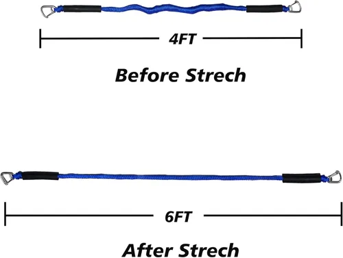 Miniatura 5 de Blue Bungee Dock Lines Paquete de 2 con ganchos dobles y tubos flotantes - Cuerdas de barco resistentes para moto acuática, pontón, kayak, 4 pies a