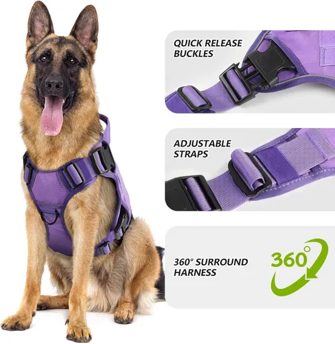 Miniatura 2 de WINGOIN - Arnés táctico púrpura para perros medianos, arnés resistente sin tirones con asa, chaleco militar K9 reflectante ajustable para mascotas