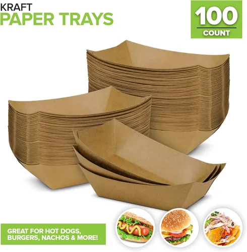 Miniatura 2 de Paquete de 100 bandejas de comida de papel kraft marrón de 2 libras, bote de comida de papel resistente, bandejas desechables para aperitivos