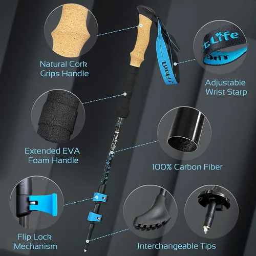 Miniatura 3 de Bastones de senderismo de fibra de carbono TheFitLife – Bastón de senderismo plegable y telescópico con mango de corcho natural y empuñaduras EVA