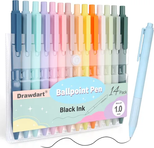 Drawdart Paquete de 14 bolígrafos de bola, tinta negra de 1,0 mm de punto medio, lindos bolígrafos pastel para oficina, retráctiles - para escritura