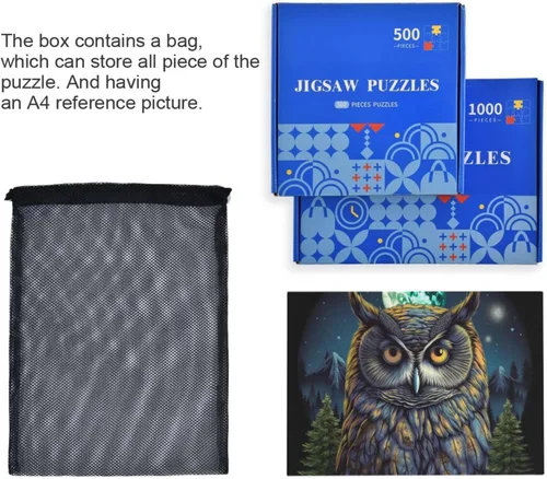 Miniatura 6 de Rompecabezas de madera de 500 piezas con hermoso estampado de bosque de búhos, con bolsa de almacenamiento con partición del alfabeto, fácil