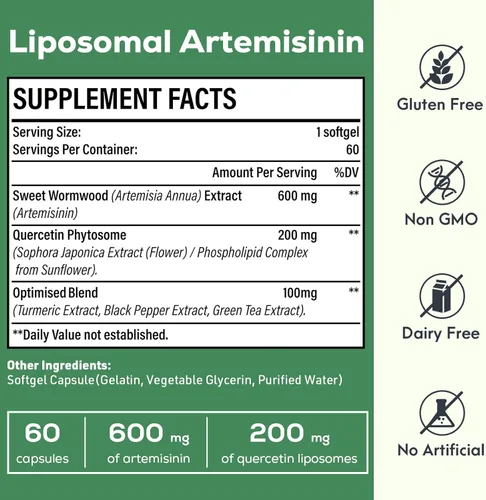 Miniatura 2 de 900 mg de artemisinina liposomal para máxima absorción, extracto de ajenjo dulce (Artemisia Annua) con fitosoma de quercetina 200 mg, 60 cápsulas