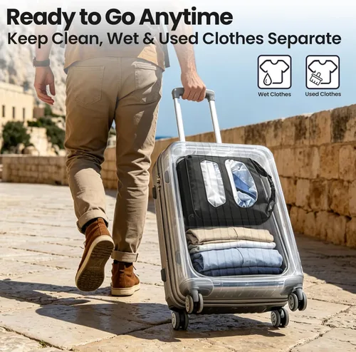 Miniatura 5 de Bolsa de lavado de viaje, diseño de válvula de aire 2 en 1 para lavado separado y menos uso de agua, bolsa de lavado portátil de viaje para camping