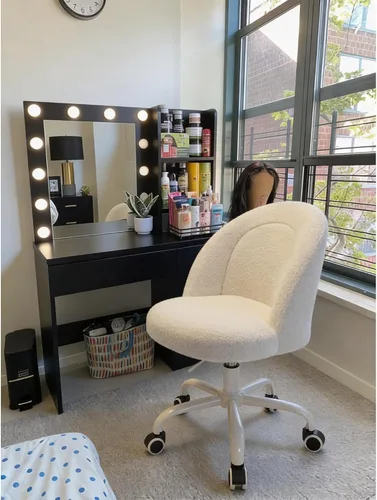 Miniatura 7 de DurayLoly Silla de tocador blanca con ruedas, bonita silla de escritorio con respaldo, silla de oficina sin brazos ajustable en altura, soporte