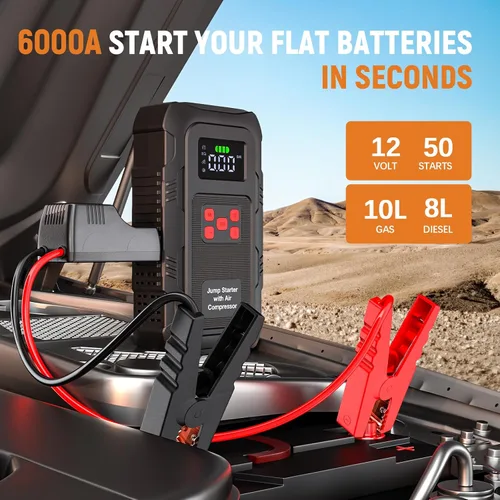 Miniatura 3 de Arrancador de 6000A con compresor de aire, arrancador de batería de automóvil portátil con inflador de neumáticos de 150 PSI para motores de hasta