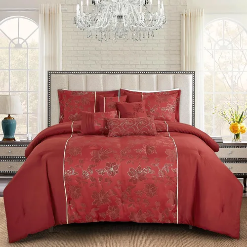 Miniatura 14 de ESCA Juego de edredón floral morado Queen - 7 piezas de ropa de cama botánica ciruela malva