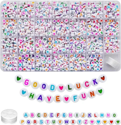 Miniatura 14 de Amaney – 1600 piezas, cuentas acrílicas del alfabeto, 31 estilos, corazón, número, estrella y sonriente, cuentas de 4 x 7 mm para hacer joyería