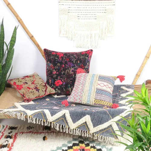 Miniatura 7 de Funda de cojín con flores de terciopelo para sofá, cojín bohemio colorido, con diseño de pájaro, estilo chic bohemio, acento indio, hecho a mano