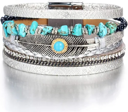 Miniatura 24 de Fesciory - Pulsera de leopardo para mujer, estilo bohemio de cuero multicapa con perlas de cristal