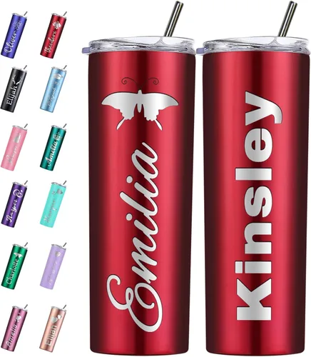 Miniatura 16 de Vaso personalizado personalizado con nombre grabado y logotipo, vasos delgados personalizados con tapa y pajita, vaso aislado de acero inoxidable