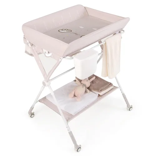 Miniatura 10 de HONEY JOY Cambiador, organizador plegable para guardería con estante abierto y cinturón de seguridad, estación de cambio de pañales portátil