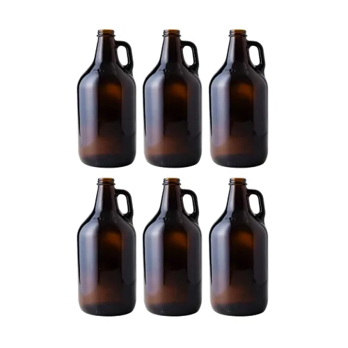 FastRack - Growlers de vidrio ámbar de 64 onzas (paquete de 6) | Cultivador de cerveza de medio galón con 18 tapas de sellado de polietileno | Jarra