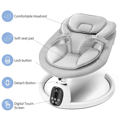 Miniatura 5 de T TICCI Columpios de bebé para bebés, gorila Bluetooth de 5 velocidades, altavoz de música, control remoto, uso en interiores y exteriores, gris