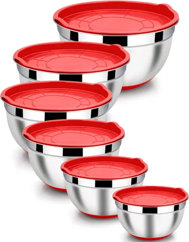 LIANYU Juego de 6 tazones de mezcla con tapas herméticas, tamaño 7, 3.5, 2.5, 2, 1.5, 1.5, cuencos anidables de acero inoxidable de 1 cuarto de Rojo