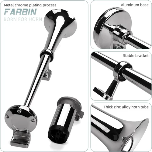Miniatura 4 de FARBIN - Bocina de aire de 12 V/24 V, 150 dB, súper potente, bocina para automóvil, zinc cromado, bocina de aire de doble trompeta con compresor